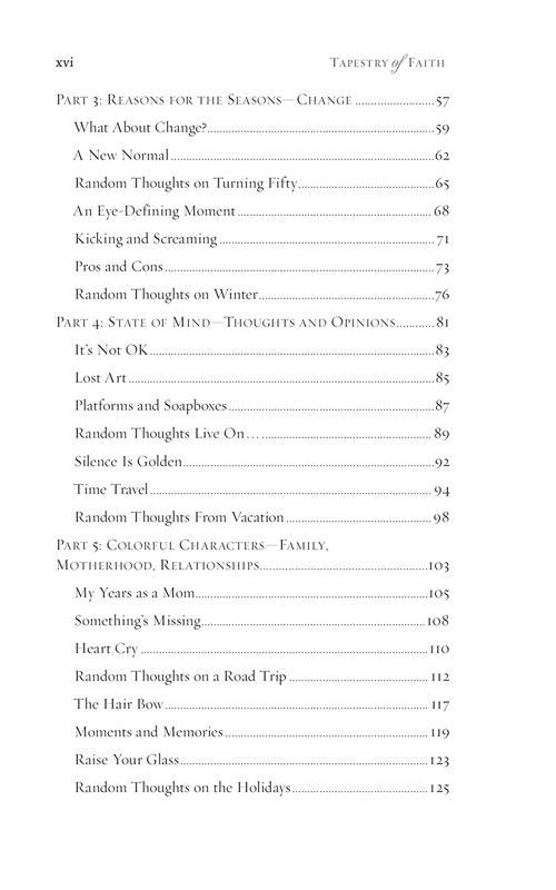 The Table of Contents from Joni Parsley's new book - Tapestry of Faith