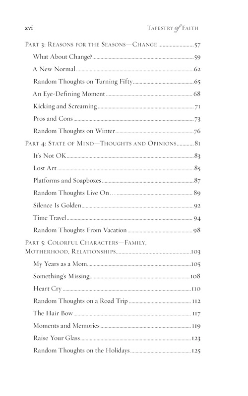 The Table of Contents from Joni Parsley's new book - Tapestry of Faith